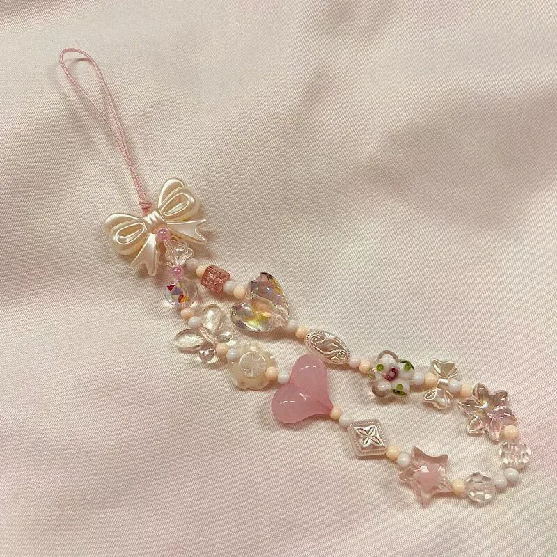 chaîne de téléphone, cordon de sac, porte-clés, breloque de sac à dos, cadeau, version coréenne du charmant motif fleur de cerisier rose avec nœud d'amour et perles