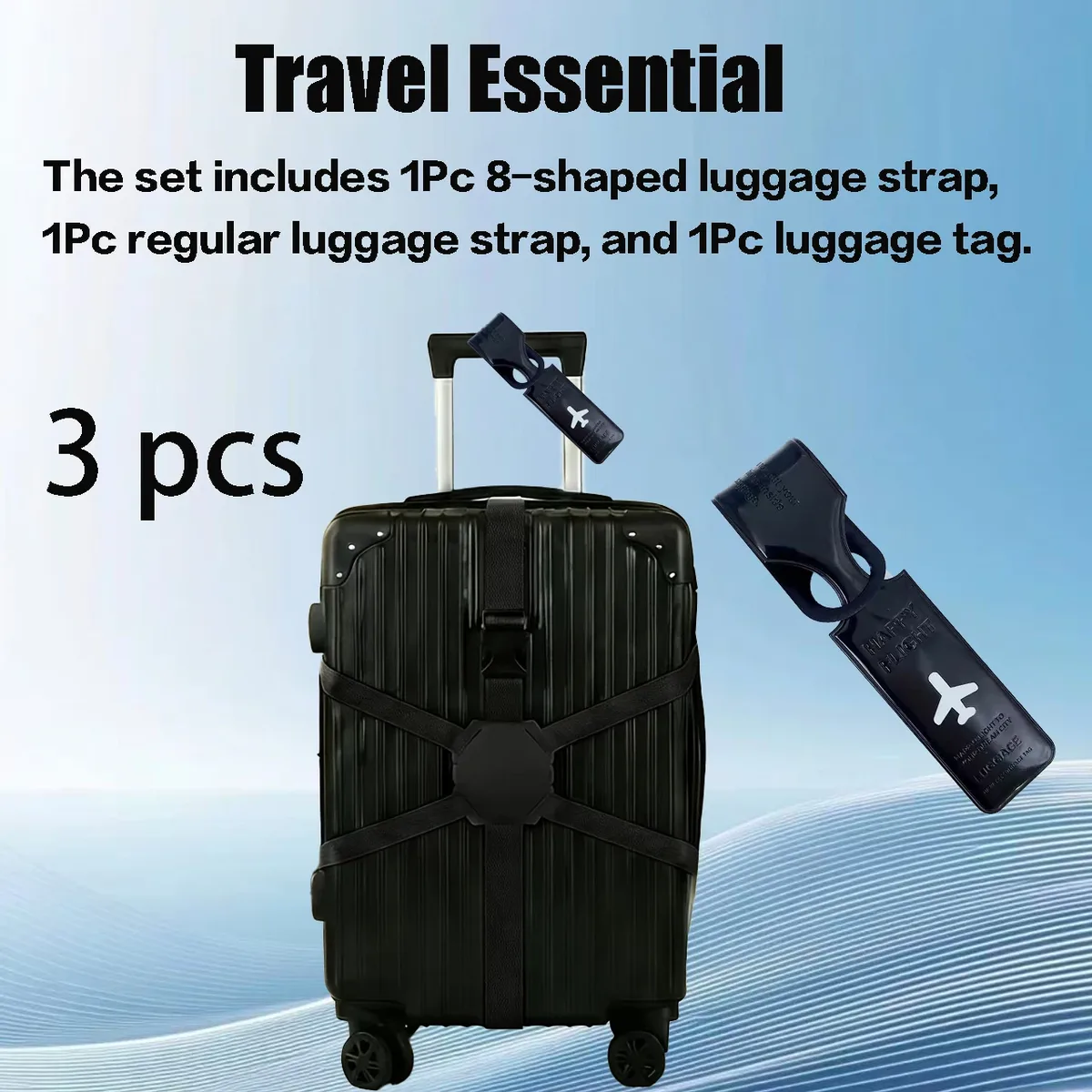 ensemble de 3 pièces (2 sangles de bagage et 1 étiquette de bagage) sangles de fixation pour bagages en forme de 8, adaptées aux valises, cordon élastique antidérapant, sangles de fixation, étiquettes d'embarquement, étiquettes d'identification anti-perte