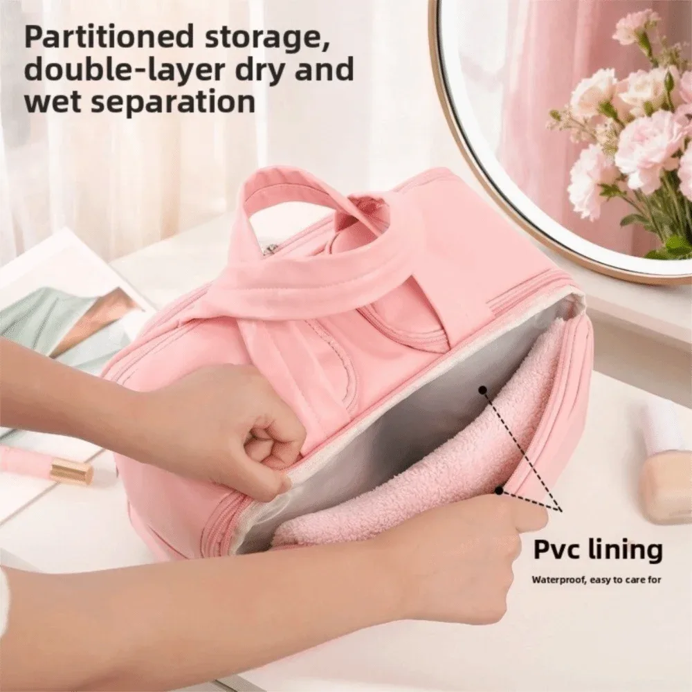 trousse de toilette de voyage grande capacité en pu, avec poignée et double fermeture éclair, organiseur de maquillage pour femme