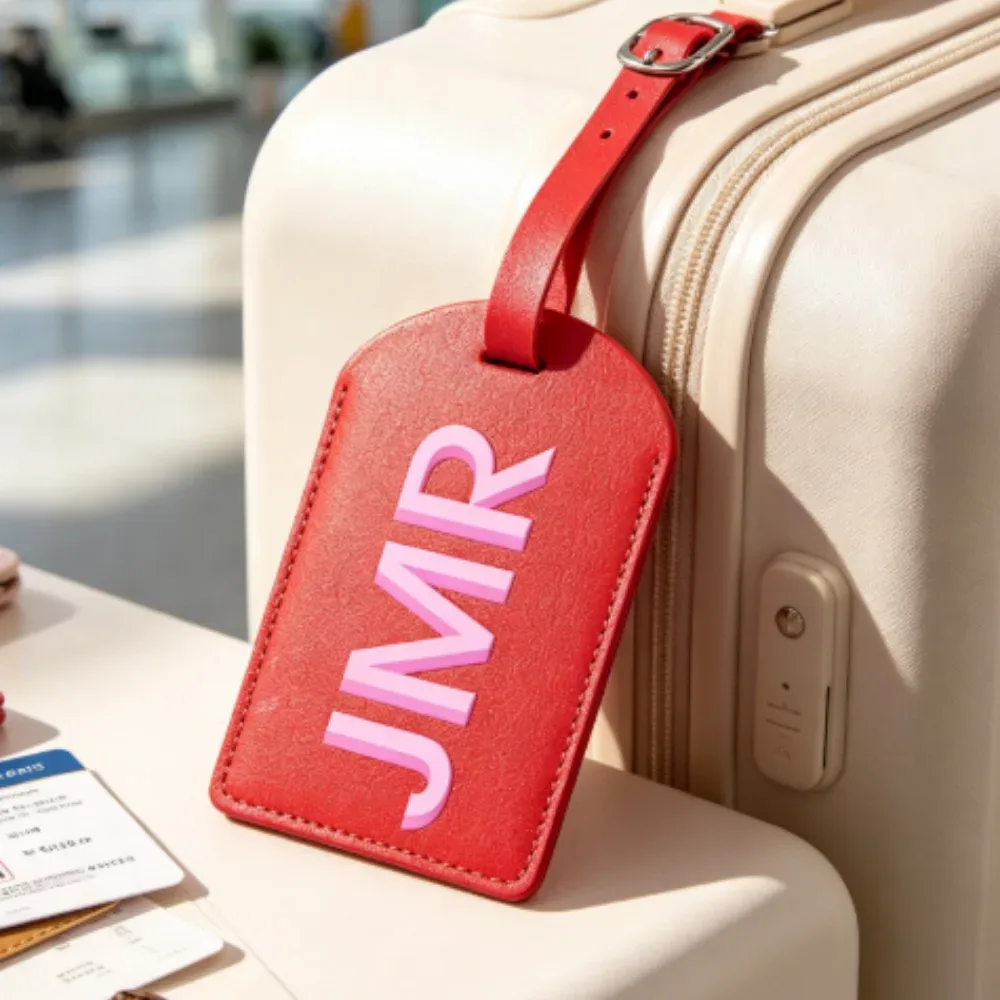 étiquette de bagage personnalisée en cuir pu avec initiales, étiquette d'identification de valise imprimée uv personnalisée, cadeau de voyage pour femmes et hommes