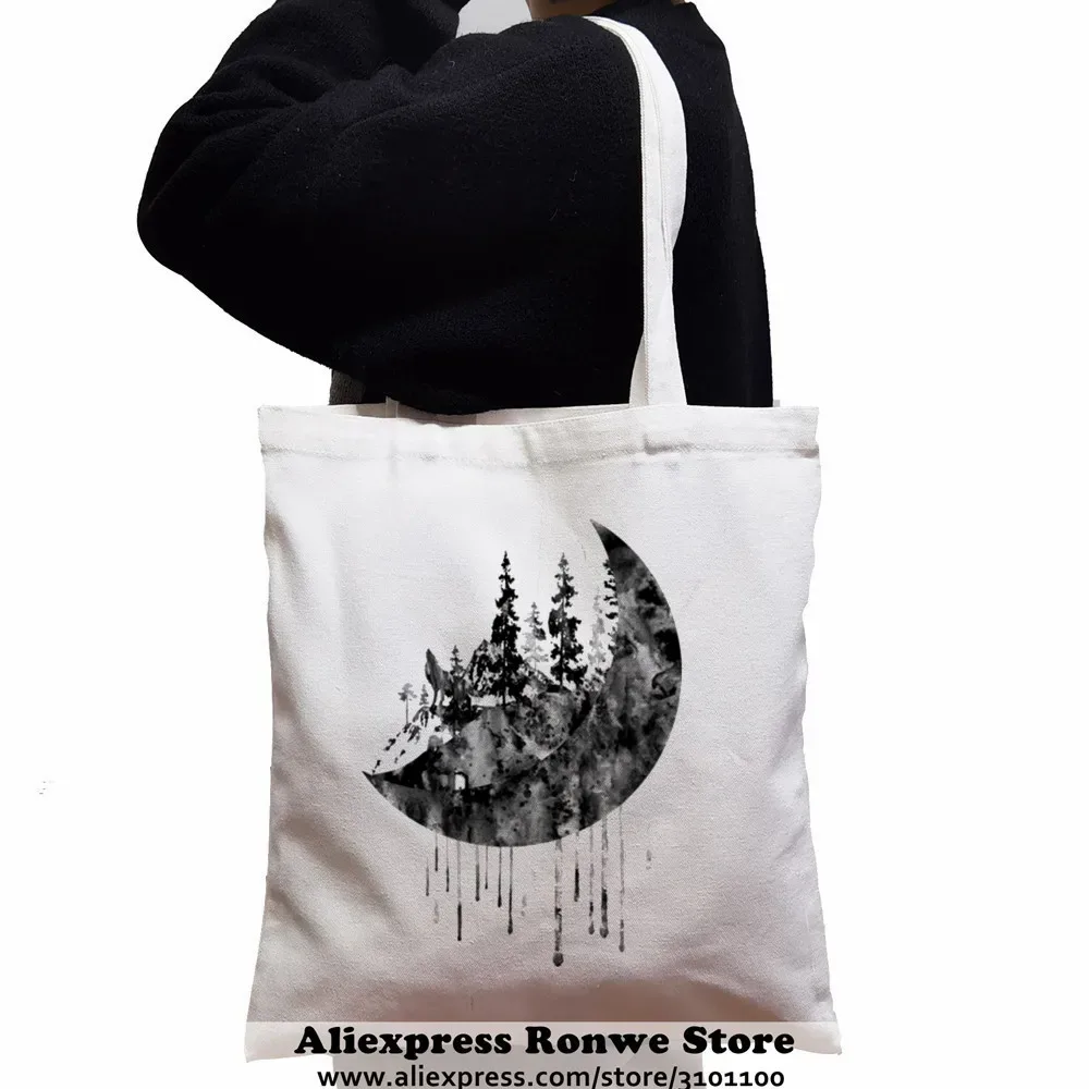sac fourre-tout en toile de grande capacité pour femmes, sacs à main noirs pour étudiants initiés, sac à soupe réutilisable, espace féminin, lune, nouveau