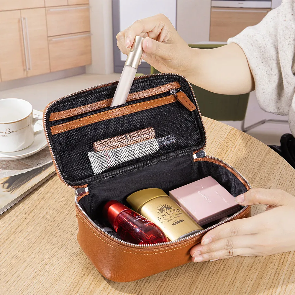 pochette de maquillage en cuir véritable à motif crocodile, grande capacité, portable, pour voyage, organiseur de toilette, sac à main, pochette cosmétique de luxe
