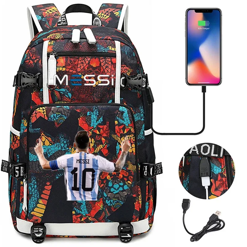 sac à dos de sport de football messi en tissu oxford avec fermeture à loquet, grande capacité, pour ordinateur portable, loisirs, voyage, école et étudiants