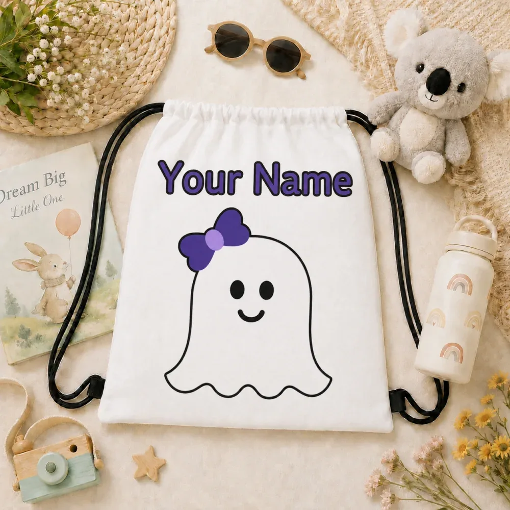 Sac à dos à cordon personnalisé avec nom, motif fantôme mignon d'Halloween, sac de rangement imprimé personnalisé pour enfants, idéal pour la gym, ou comme cadeau pour la fête d'Halloween (Trick or Treat)