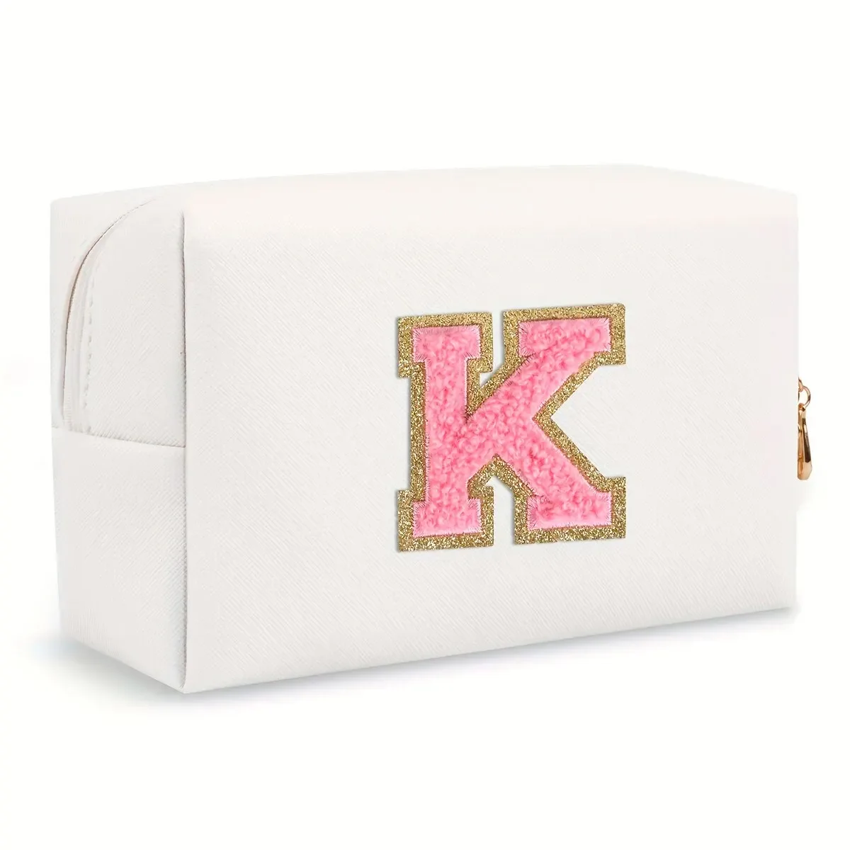 trousse de maquillage preppy pour femmes, trousse de toilette de voyage, sac à cosmétiques avec lettres en chenille, pochette étanche en cuir pu, joli organisateur à fermeture éclair-ll