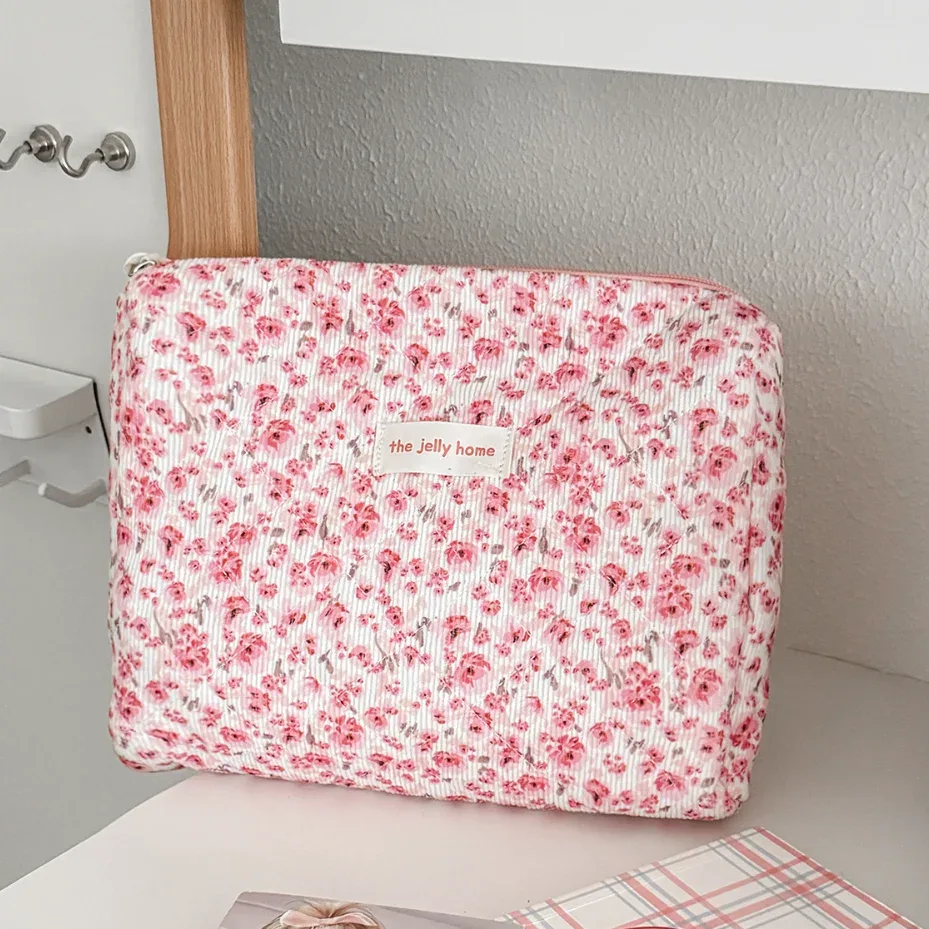 sac de rangement de voyage en coton matelassé pour femmes, sacs à cosmétiques rétro cerise, design mignon, trousse à crayons pour filles, trousse de maquillage, sacs à main