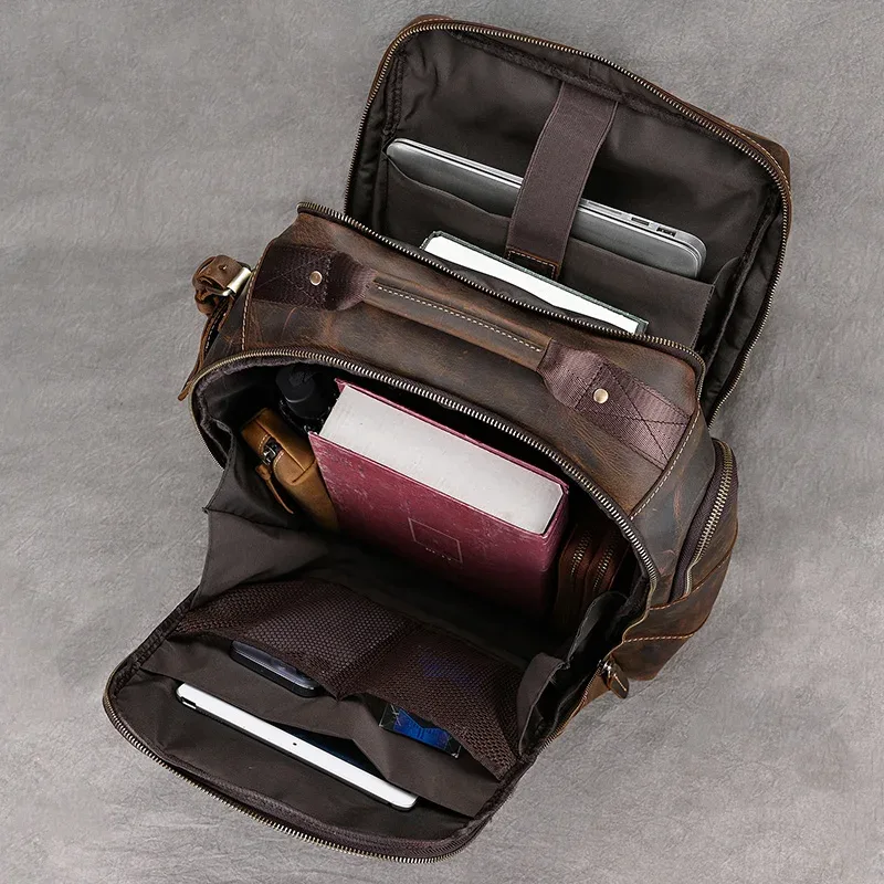 luufan vintage en cuir véritable homme voyage sac à dos fit 15 "ordinateur portable sac à dos en cuir véritable sac d'école grand voyage sac à dos pour homme