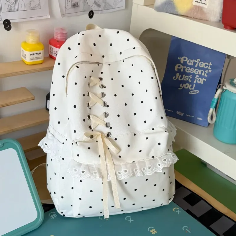 sac à dos en dentelle à pois, grande capacité, souple et élégant, avec compartiments, sacs à dos légers et mignons, sacs pour le soutien scolaire quotidien