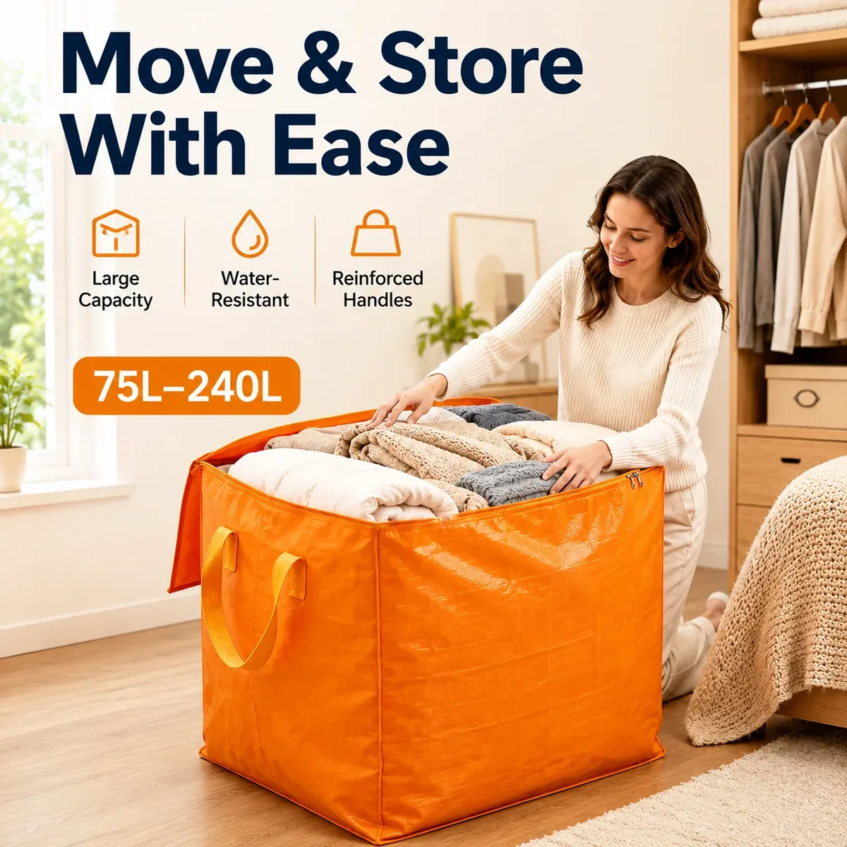 sac de déménagement grande capacité 75-240l, sac de rangement tissé avec poignées et fermeture éclair pour vêtements, literie, voyage, maison, organisateur de placard