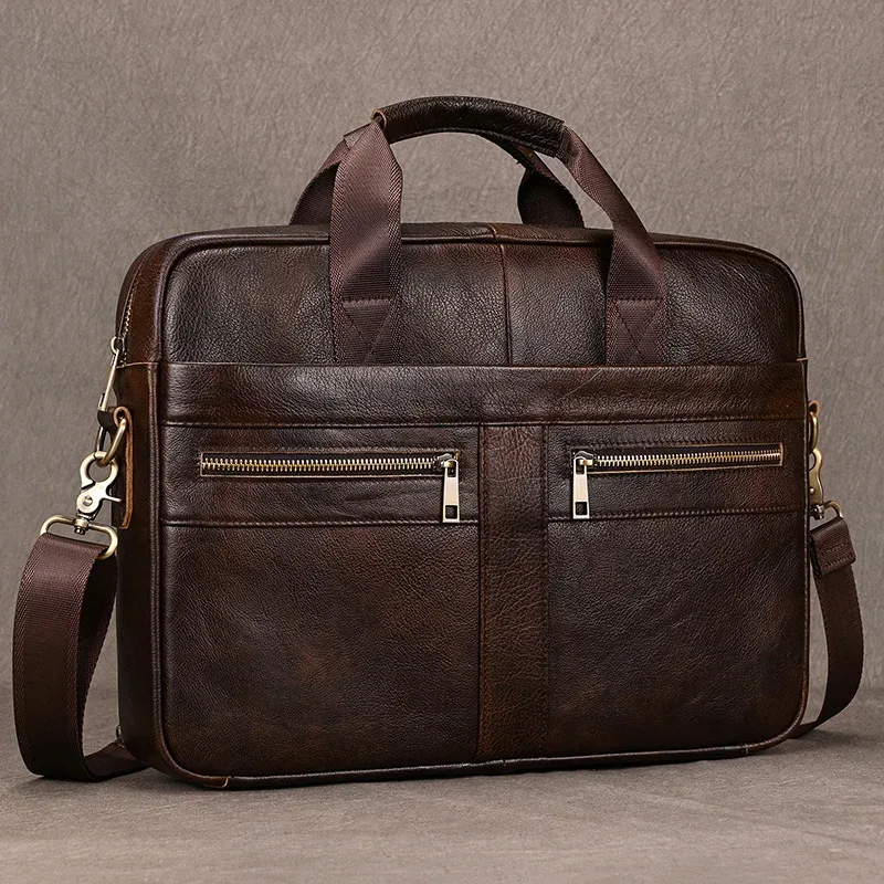 sac pour ordinateur portable en cuir véritable pour homme, sac d'affaires, étuis à bombes pour homme, fourre-tout de travail avec sangle, sac de messager pour homme, marque de luxe, 14 pouces