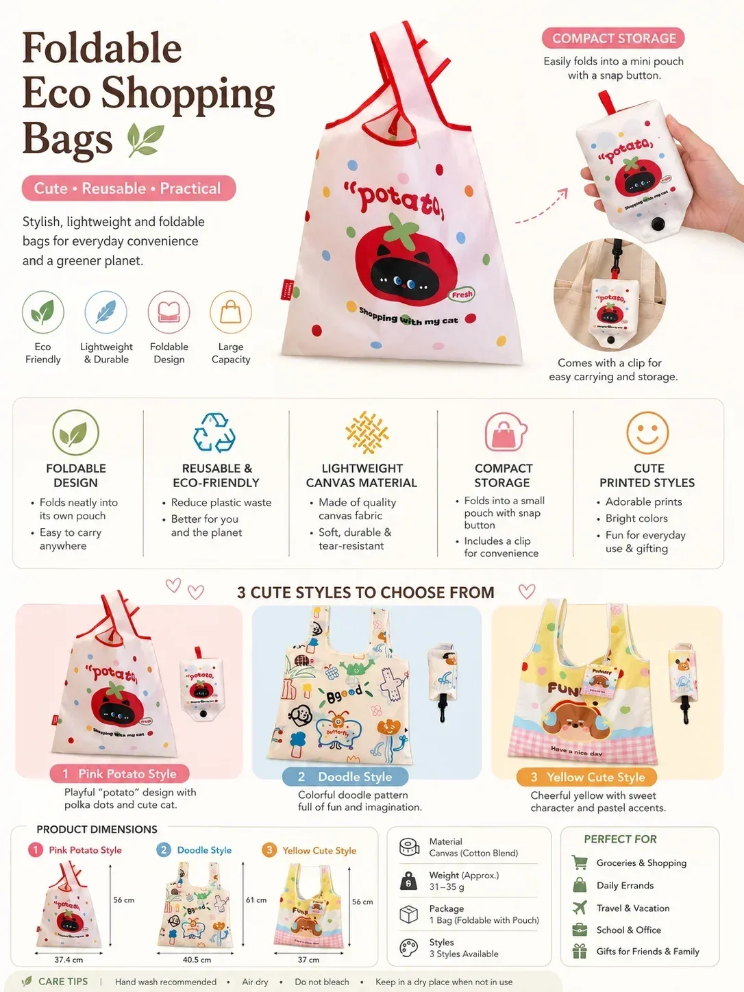 sac de shopping pliable coloré dopamine, sac écologique mignon avec poignée souple et robuste, sac de rangement de voyage polyvalent
