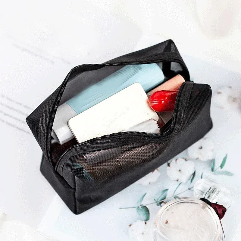 trousse de maquillage en maille noire pour femme, sac à cosmétiques transparent, petits et grands sacs de rangement portables, articles de toilette de voyage, évaluateurs de serviettes