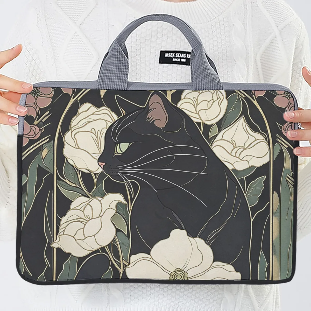 1 pièce, deux styles, sac pour ordinateur portable imprimé motif camélia et chat noir, housse souple en tissu pour ordinateur portable, convient aux ordinateurs portables de 14 pouces