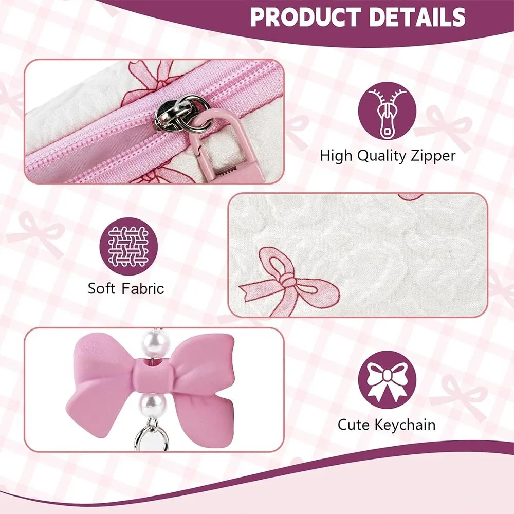mini trousse de maquillage bow pour femme, sac de toilette de voyage, jolie pochette à monnaie, étui léger pour rouge à lèvres, sac de rangement gaufré