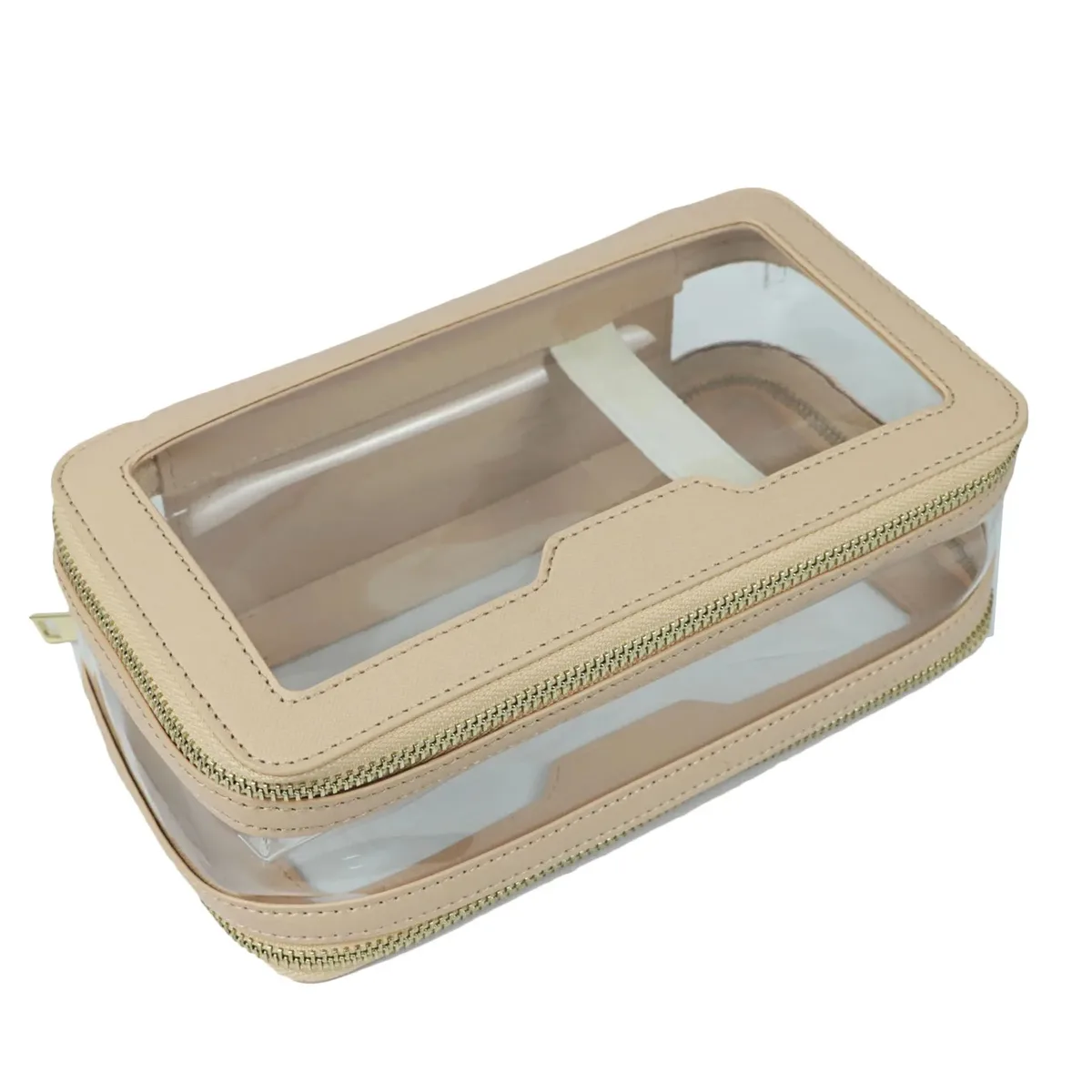 sac cosmétique en cuir saffiano personnalisable gratuitement, portable, imperméable, multifonctionnel, double couche, pour voyage et rangement.