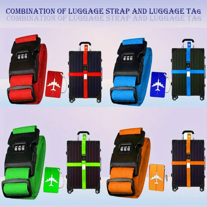 Lot de 2 sangles de bagages de voyage, ensemble d'étiquettes de bagages, ensemble de cadenas à combinaison avec étiquettes
