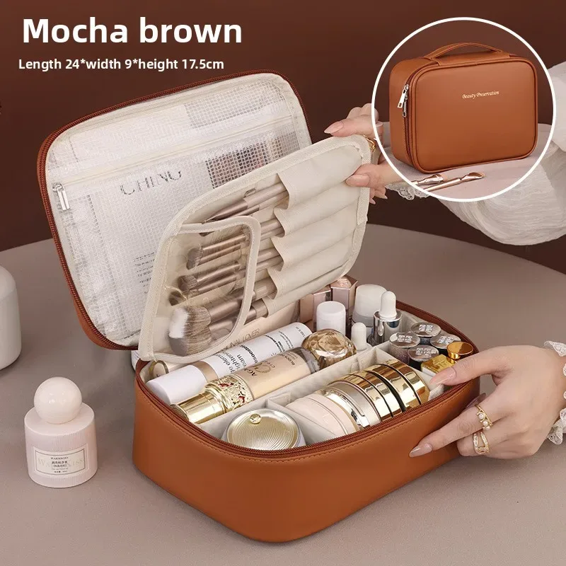 sac de maquillage portable pour femmes, trousse de beauté de voyage avec compartiment pour pinceaux, grande capacité, sac de rangement imperméable pour soins de la peau