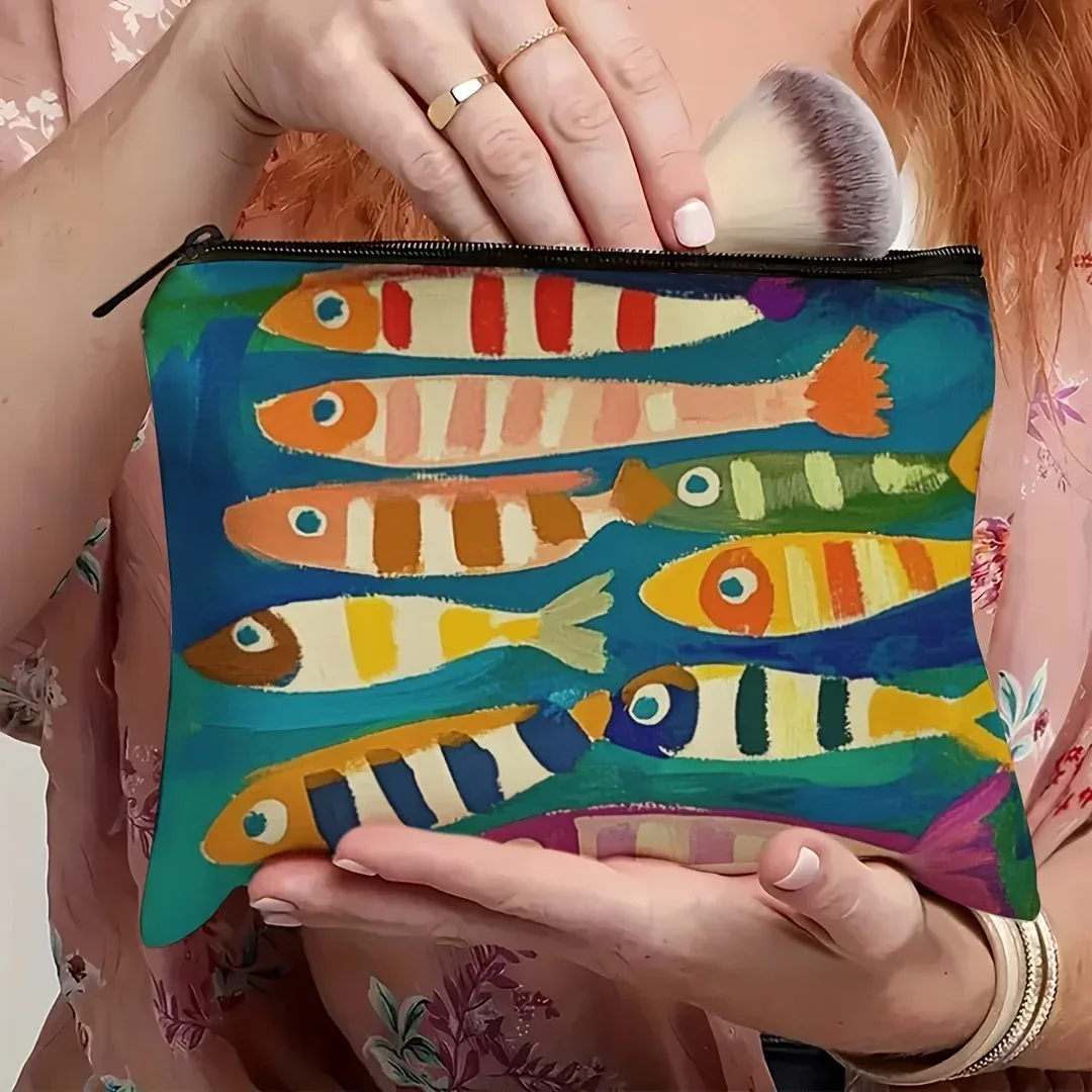 sac à cosmétiques vintage à motif de sardine, 1 pièce, organisateur de maquillage de voyage pour articles de toilette et pinceaux, design portable unisexe pour voyage