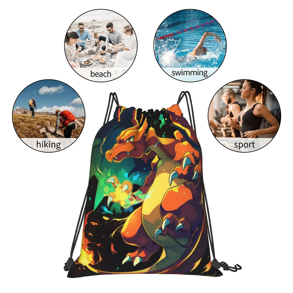 pochette de voyage pokemon charizard kawaii, sacs à cordon, sacs de rangement pour chaussures et vêtements, sac à dos portable multifonction pour adolescents