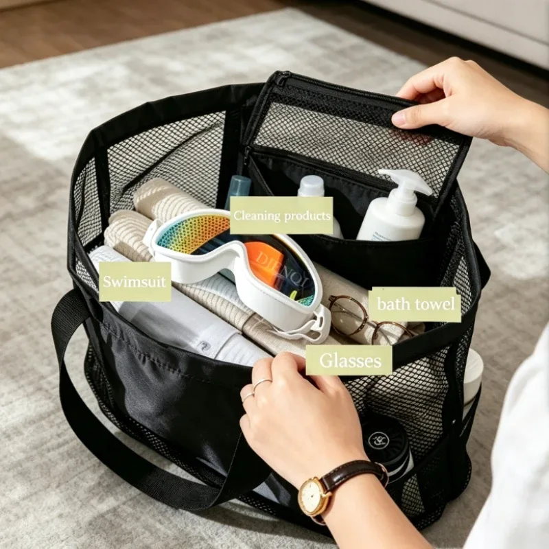 sac fourre-tout de plage grande capacité, sac à main en maille avec poches latérales de rangement, sac de transport portable pour les vacances en plein air et le quotidien