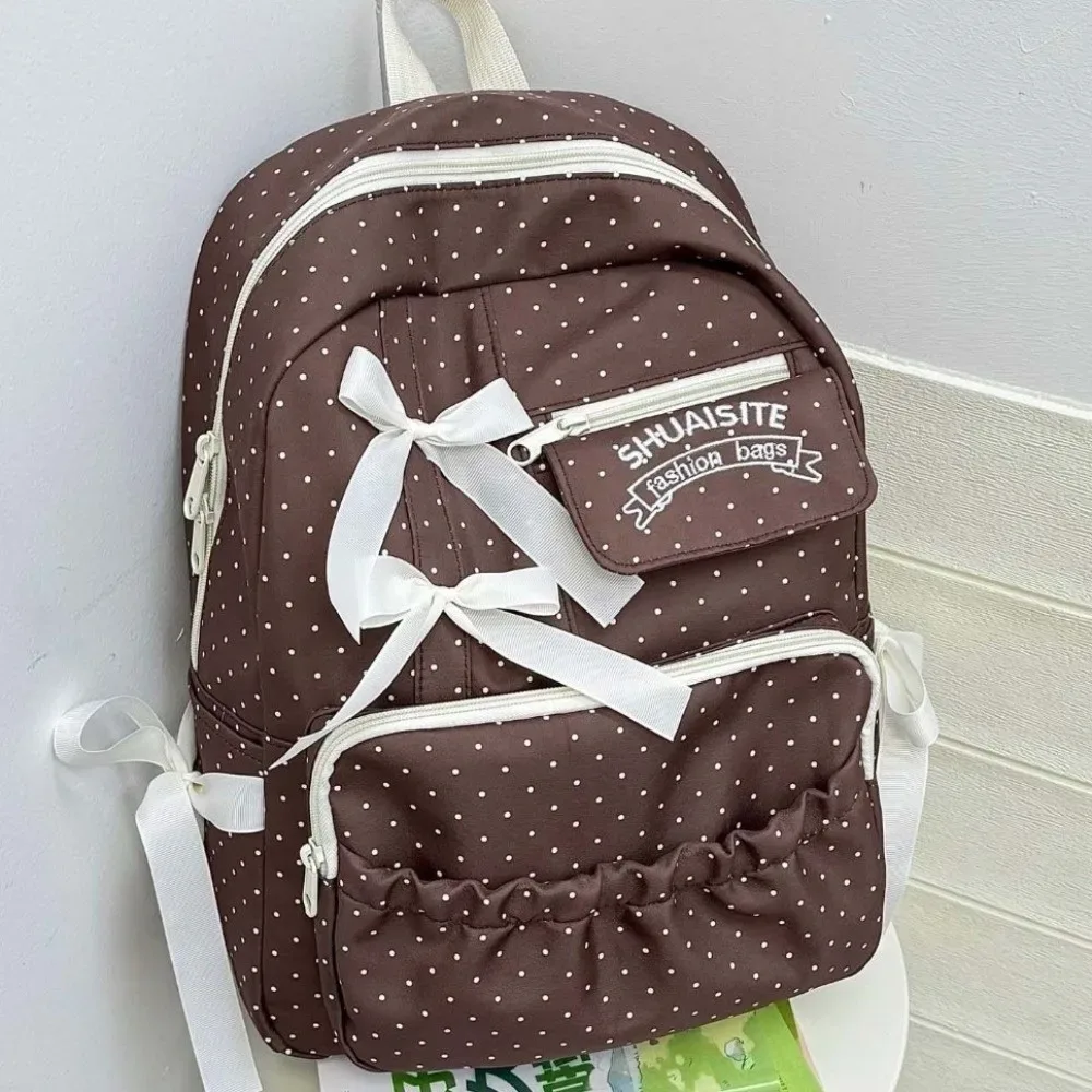 sac à dos en nylon à pois avec nœud, multi-compartiments, grande capacité, fermeture éclair, doublure en polyester, sac à dos de voyage