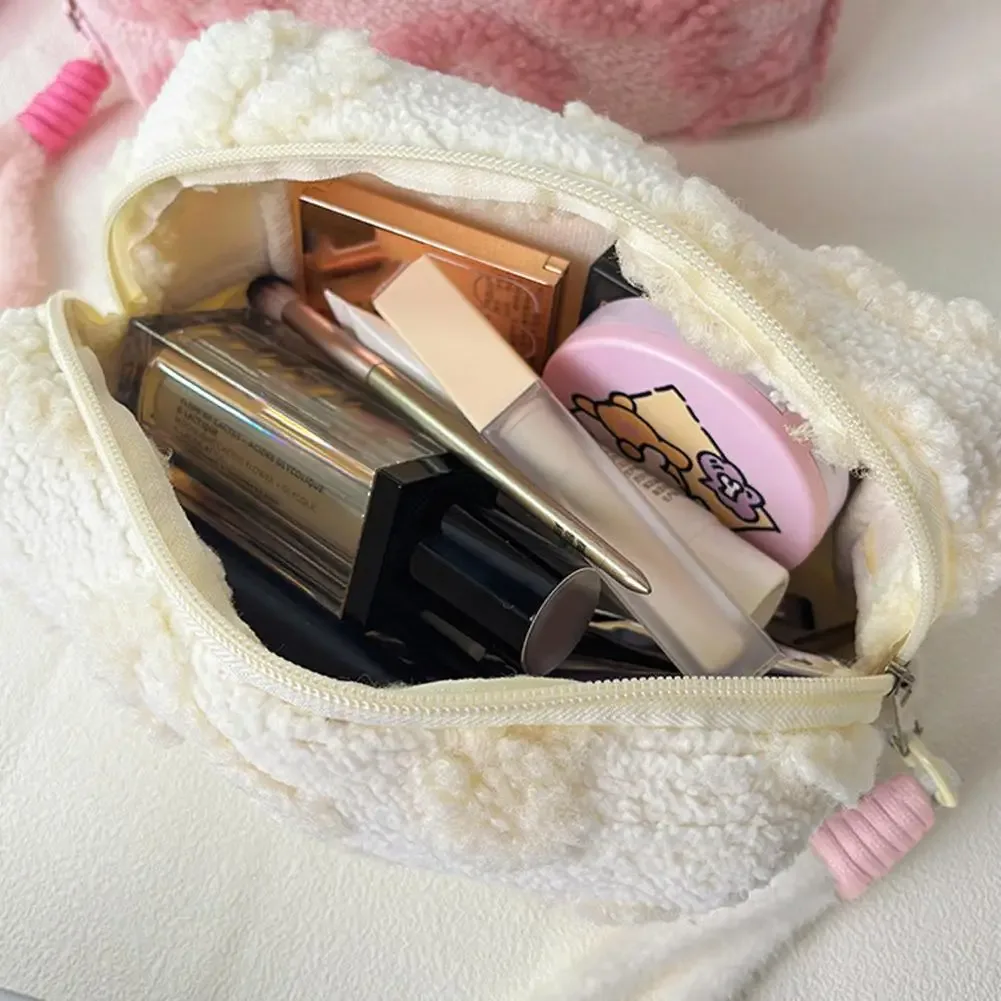 sac de maquillage en peluche brodé, sac de toilette portable de voyage, grande capacité, pochette de rangement pour cosmétiques, cadeau mignon pour femmes