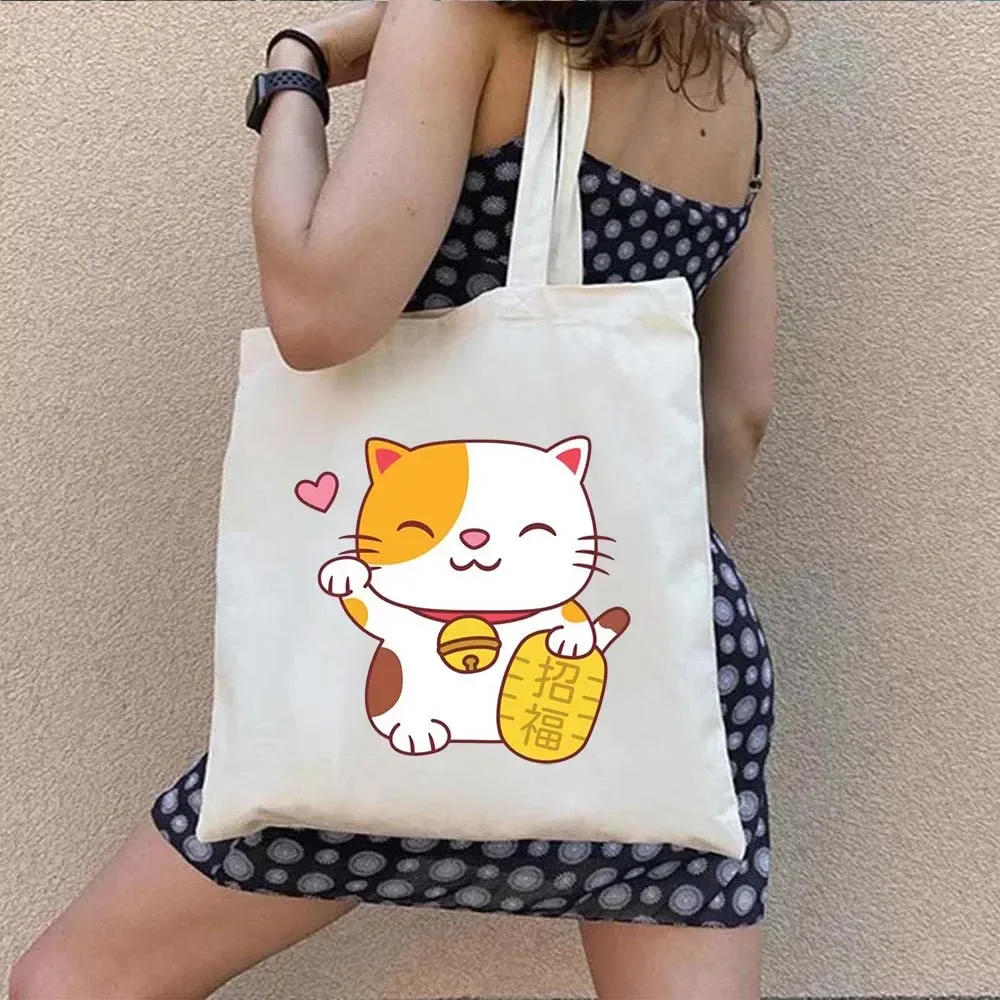 sac fourre-tout en toile à bandoulière pour le shopping, motif maneki neko, chat porte-bonheur japonais mignon, style mont fuji, style japonais, geisha de kyoto, tokyo japon