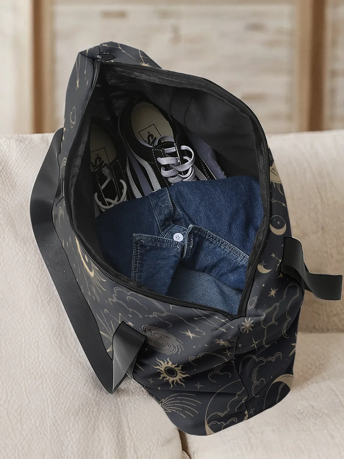 grand sac fourre-tout imprimé soleil, lune et étoiles, sac à main à bandoulière, sac de rangement à larges sangles pour les voyages, la plage, le shopping, la salle de sport et les trajets quotidiens