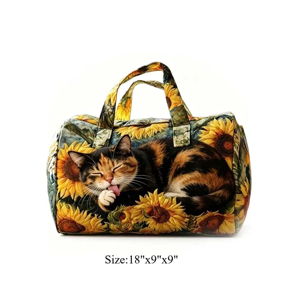 sac de voyage matelassé, sac de week-end, motif floral tropical chat mignon, bagage à main léger pour la plage, les vacances, les fêtes et le sport