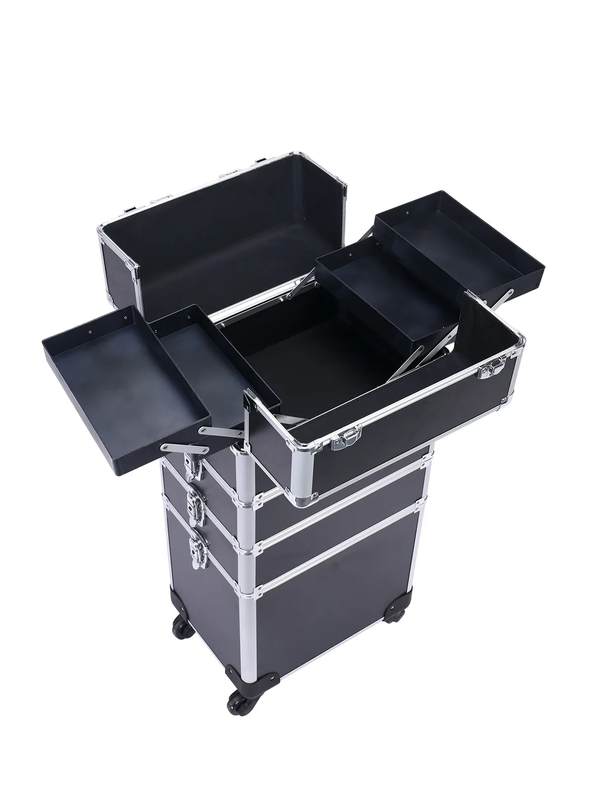 trousse de maquillage professionnelle 4 en 1, étui à cosmétiques roulant en aluminium sur roulettes, organisateur de maquillage d'artiste, rangement avec plateaux