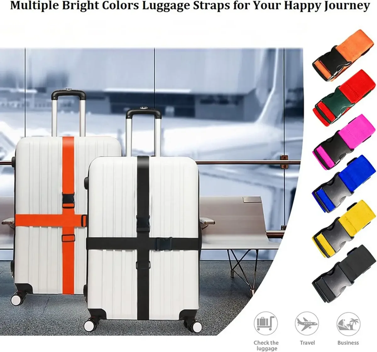 Lot de 2 sangles de bagages réglables, ceintures de valise de couleur vive, accessoires de voyage pour sacs à bagages (120-200CM X 2.5CM)