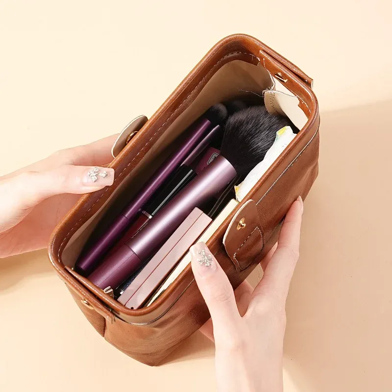 sac à cosmétiques vintage en cuir pu pour femmes et filles, porte-monnaie à boutons de couleur unie, trousse de maquillage de grande capacité, étanche