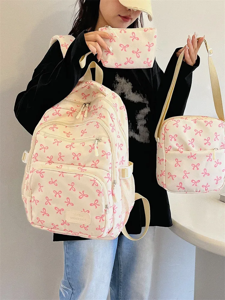 ensemble de 3 sacs à dos mignons avec nœuds, grand sac à dos scolaire, sac à dos de voyage décontracté polyvalent, sac bandoulière pour filles