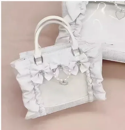 sac à main en dentelle à volants pour femmes et filles, sacoche de style japonais, fourre-tout carré avec nœud papillon en perles, sacs à main portables initiés