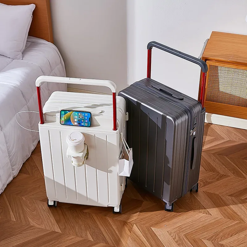 Valise de voyage à roulettes avec poignée large de 20, 24 et 26 pouces, fermeture éclair PC, avec porte-gobelet, bagage cabine