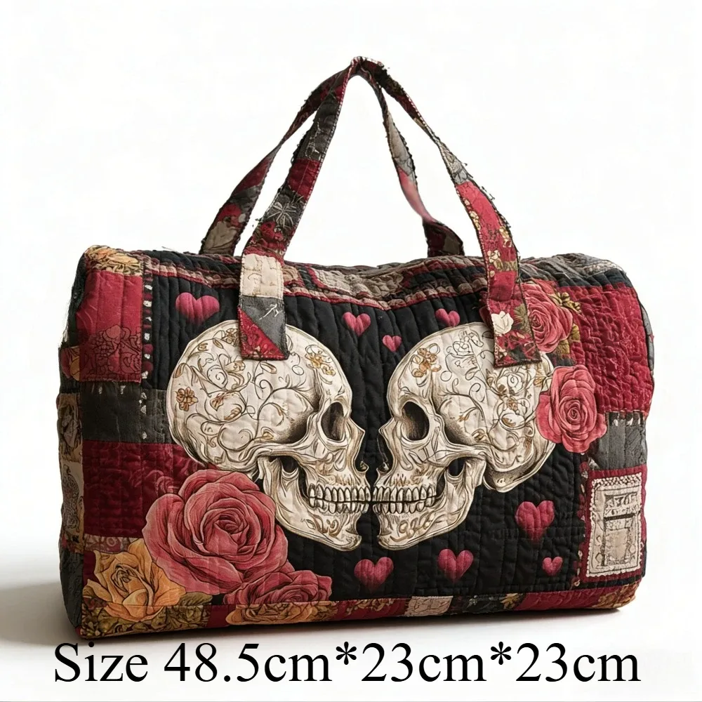sac de voyage matelassé 3d vintage gothique imprimé crâne et rose, sac de week-end, bagage cabine, sac à main y2k style motard chic, sacs de vacances uniques