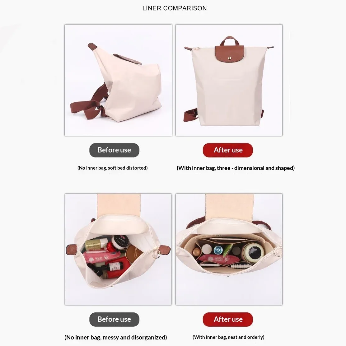 organisateur en feutre pour sac à dos longchamp le pliage vert/xtra, sac de rangement et de soutien doublé, sac de rangement pour cosmétiques