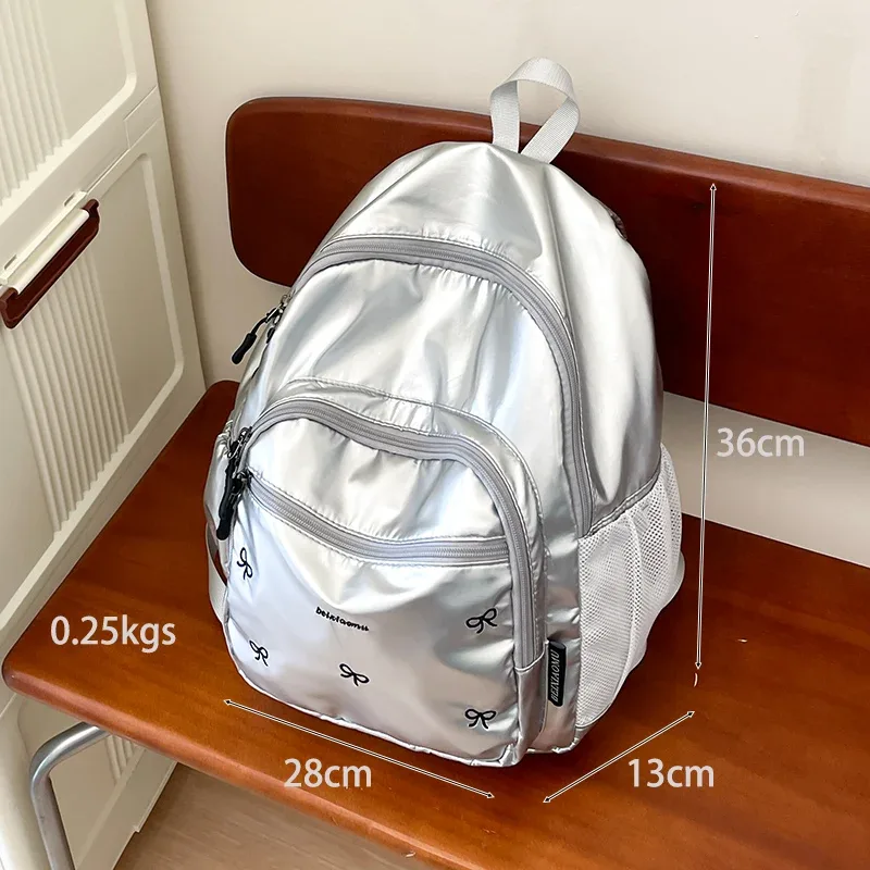 sac à dos en nylon argenté de grande capacité, cartable de voyage, observateur et étanche, pour femme
