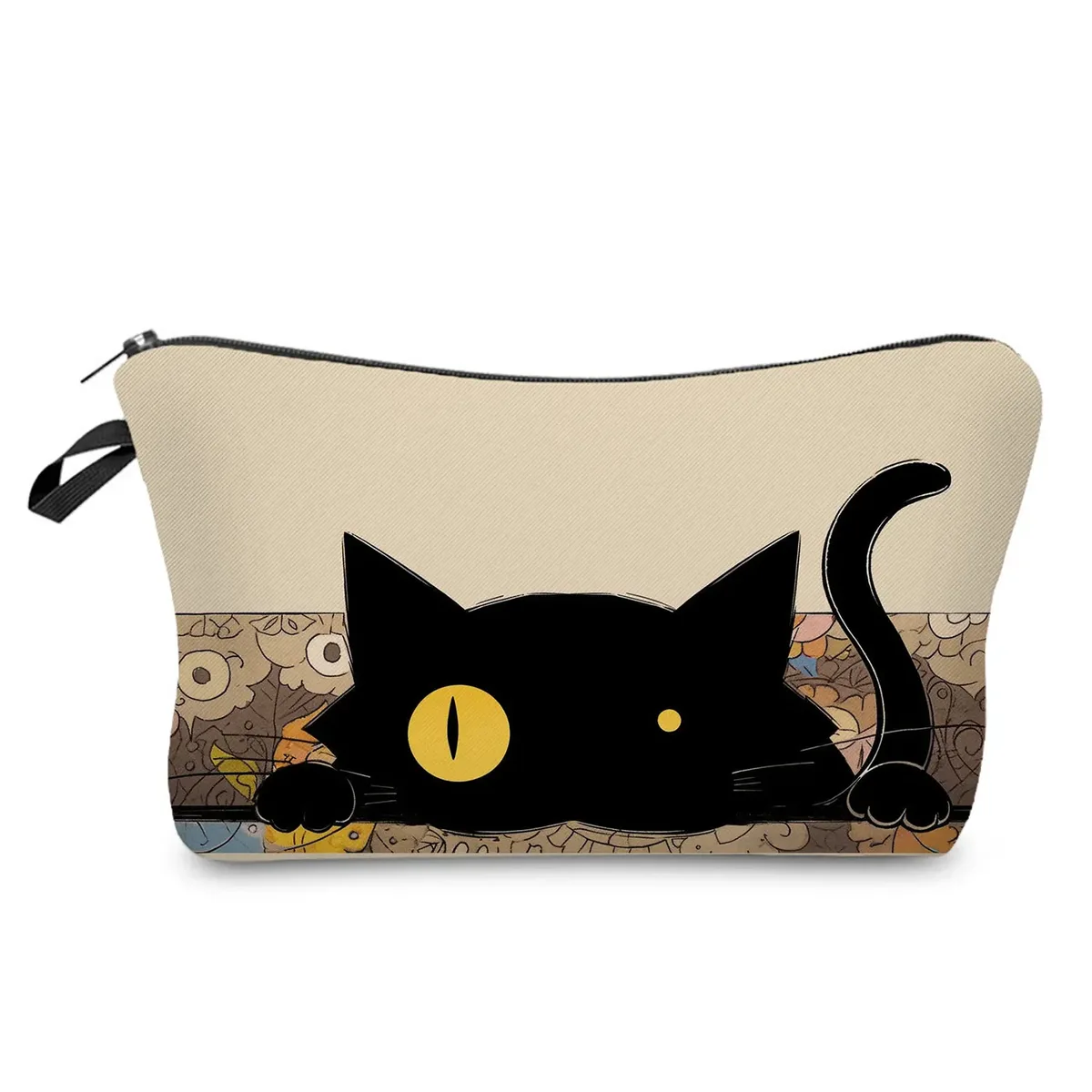 sacs de maquillage college chat noir pour femmes, sacs de rangement portables de voyage, impression d'animaux kawaii décontractés, sacs à cosmétiques double face avec fermeture éclair