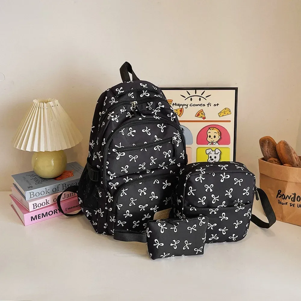 lot de 3 sacs à dos mignons grande capacité avec nœud, imprimé nœud, bretelles réglables, sac à dos d'étudiant en nylon, sac à dos de voyage