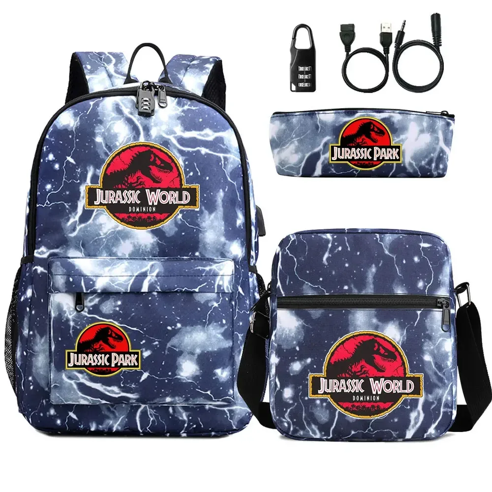 dinosaure jurassic park world 3 pièces usb antivol serrure garçon fille enfants école livre sacs voyage sac à dos sac à bandoulière stylo sac