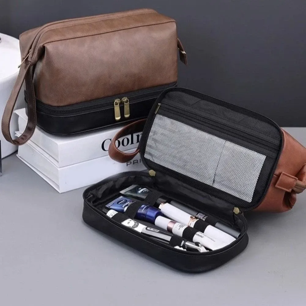 trousse de toilette rétro en cuir pu pour hommes, grande capacité, étanche, séparation sec-humide, pochette de maquillage professionnelle pour hommes