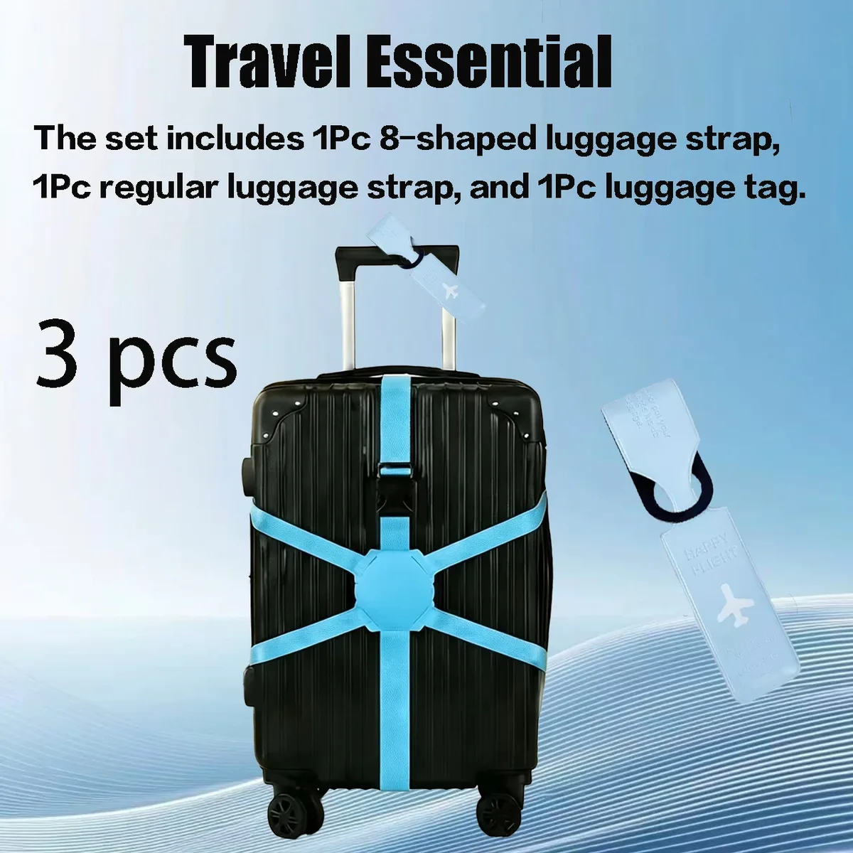 ensemble de 3 pièces (2 sangles de bagage et 1 étiquette de bagage) sangles de fixation pour bagages en forme de 8, adaptées aux valises, cordon élastique antidérapant, sangles de fixation, étiquettes d'embarquement, étiquettes d'identification anti-perte