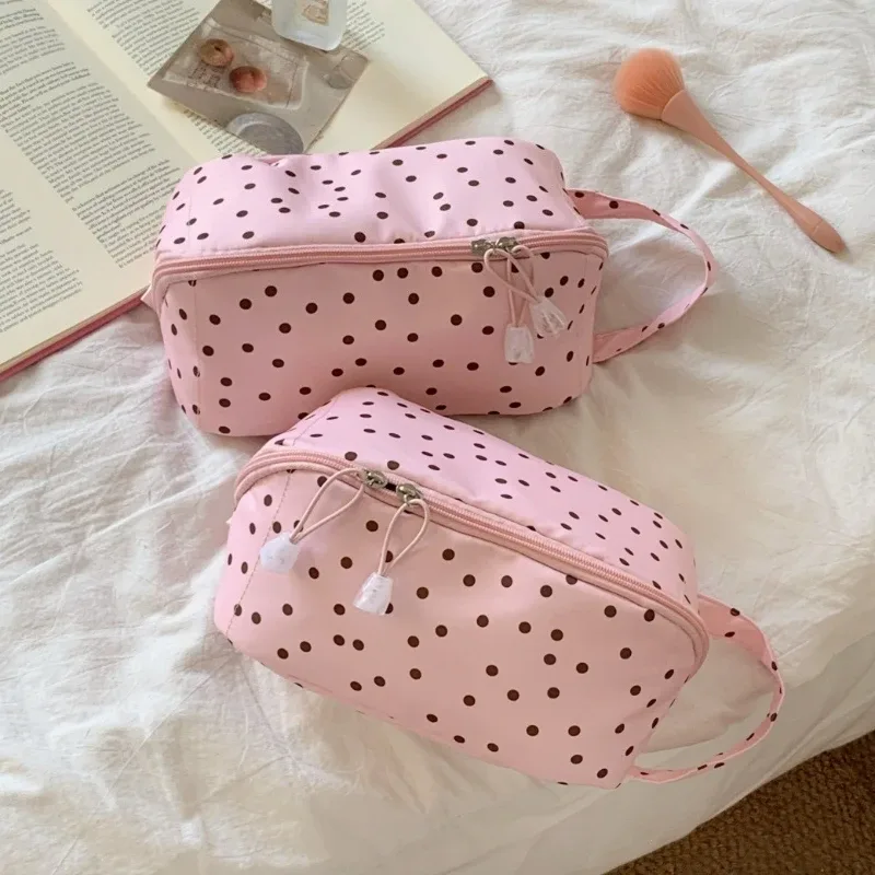 nouvelle trousse de maquillage coréenne à pois, grande capacité, sac à main portable pour femmes, organiseur de cosmétiques de voyage, sac de rangement, trousse de toilette