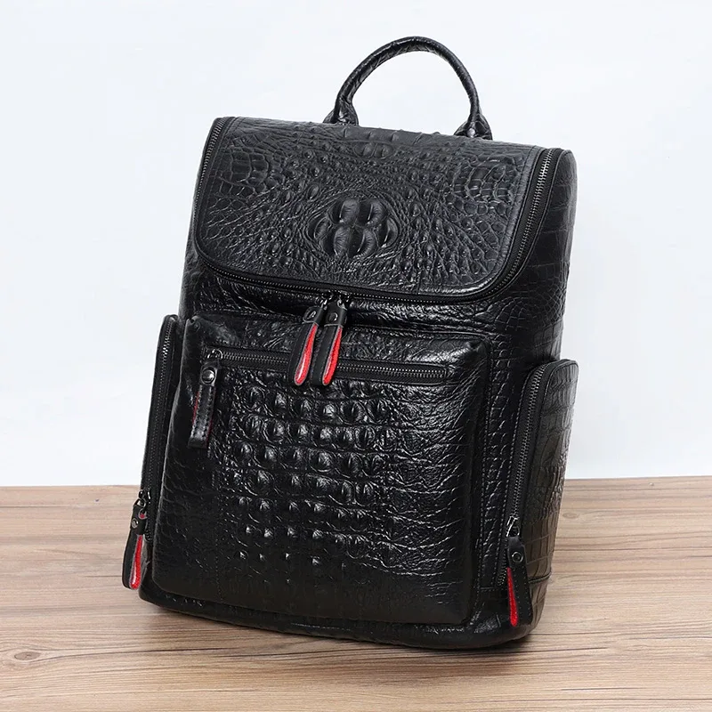 sac à dos en cuir de crocodile véritable pour ordinateur portable, sac à dos de voyage pour homme, grand sac à dos étanche pour adolescent, cartable, 15.6 pouces