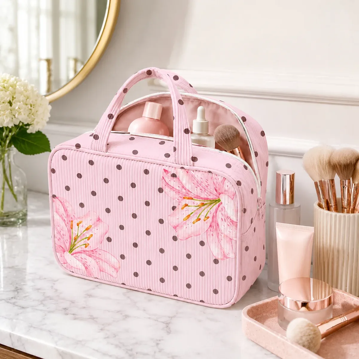 trousse de maquillage rose à pois, grande capacité côtelée avec fermeture éclair pour femmes, idéale pour les voyages et les articles de toilette