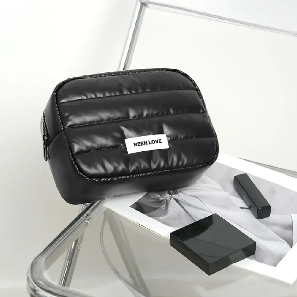 trousse de maquillage bouffante portable, grande capacité, couleur unie, trousse de toilette matelassée de voyage, fermeture éclair, sac de rangement moelleux pour soins de la peau