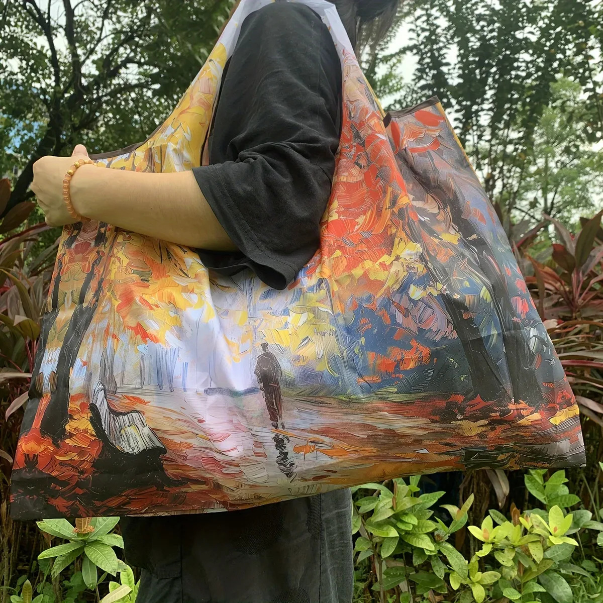 sac fourre-tout pliable de grande capacité, style peinture vintage, sac de courses durable en nylon résistant aux déchirures, lavable en machine