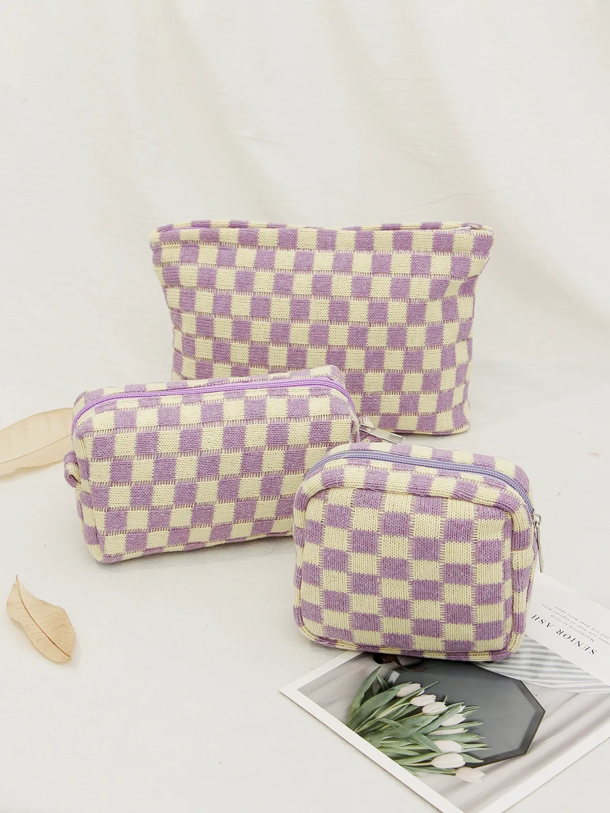 sac à cosmétiques en damier, sac de rangement de toilette tricoté, pochette de maquillage colorée, organisateur, sac à cosmétiques à motif à carreaux