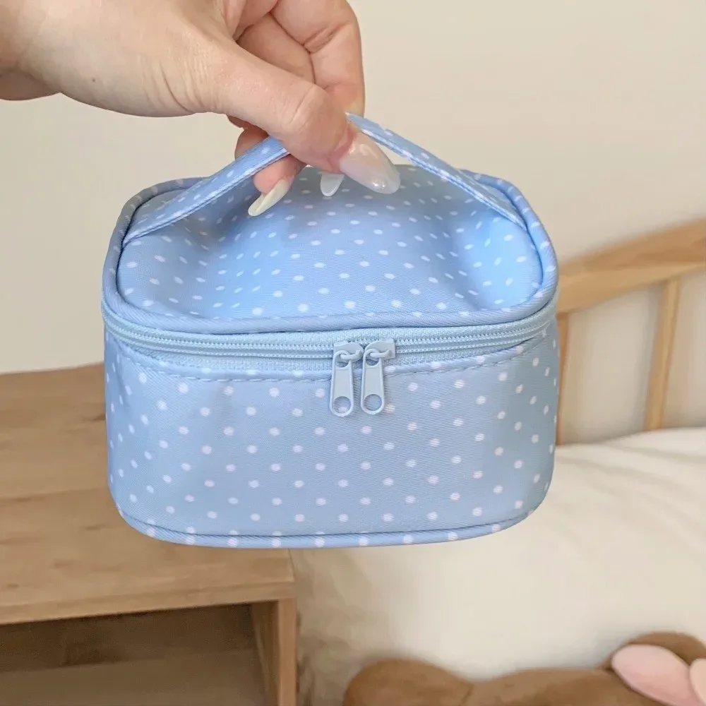 trousse de maquillage mignonne en polyester à pois bleu clair, pochette cosmétique multi-tailles à fermeture é